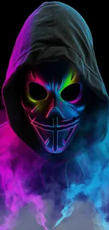 Neon mask with colorful smoke in a hoodie on a black background.