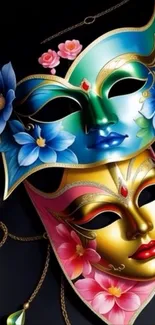 Vibrant floral masquerade masks on black background.