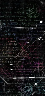 Colorful math formulas and geometric shapes on a black background wallpaper.