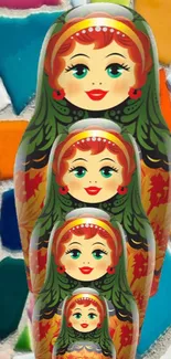 Colorful wallpaper with Matryoshka dolls and mosaic background.