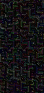 Colorful maze pattern wallpaper with vibrant geometric lines on a dark background.