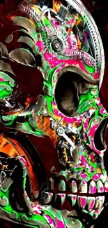 Colorful mechanical skull art wallpaper on a black background.