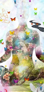 Meditative figure with butterflies and floral patterns in a colorful, nature-inspired design.