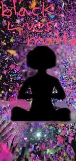 Vibrant silhouette meditating among colorful confetti.