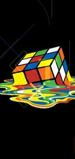 Colorful melting Rubik's Cube on black background.