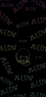 Colorful 'meow' texts and cat illustration on dark backdrop.