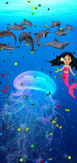 Mermaid with dolphins and jellyfish in a colorful ocean scene.