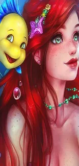 Vibrant mobile wallpaper showing a red-haired mermaid underwater.