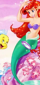 Cartoon mermaid with sea creatures in a colorful underwater setting.