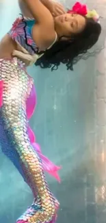 Vibrant mermaid floating in colorful underwater scene.