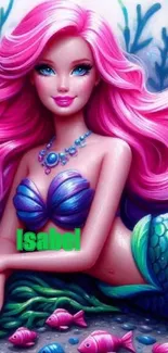 A colorful mermaid with pink hair and vibrant scales in an underwater setting.