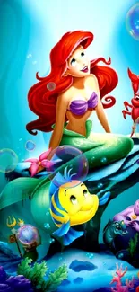 Mermaid and sea creatures in an underwater fantasy scene with vibrant colors.