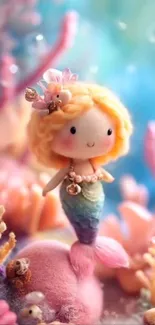 Cute mermaid in colorful underwater scene with coral and sea plants.