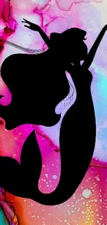 Silhouette of a mermaid against a colorful watercolor backdrop with magenta highlights.