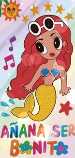 Cute colorful mermaid with whimsical elements on mobile wallpaper.