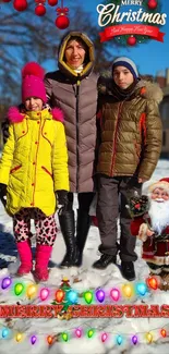 Festive Christmas wallpaper with family in winter setting and Santa Claus.