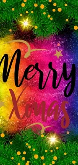 Colorful Merry Xmas wallpaper with green garlands and festive lights.