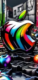 3D rainbow-colored Apple logo surrounded by colorful apples.