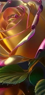 Vibrant metallic rose with pink and gold tones set against a dark background.