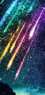 Vibrant meteor shower against a starry sky.