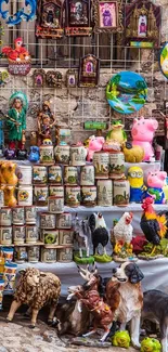 Colorful Mexican souvenir stall in a rustic stone setting.