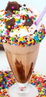 Colorful milkshake with sprinkles and brownie bits in a glass with a straw.