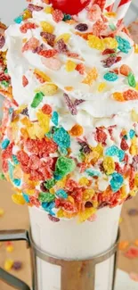 Vibrant milkshake with cereal topping and cherry.