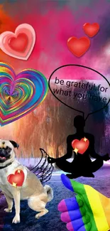 Vibrant wallpaper with meditation silhouette, colorful hearts, and a cheerful dog.