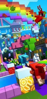 Vibrant Minecraft world with rainbow and characters, perfect for mobile wallpaper.