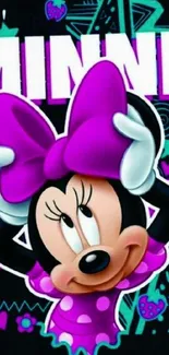 Cute and colorful wallpaper of Minnie cartoon character with vibrant purple accents.