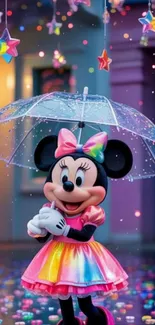Minnie Mouse with an umbrella in colorful setting.