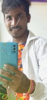 Colorful mirror selfie with vibrant attire and a unique mobile wallpaper look.