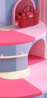 Colorful display with red handbag on pastel shelves.