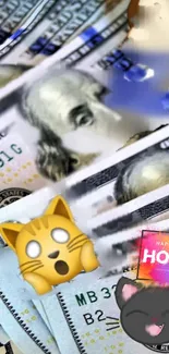 Vibrant wallpaper with dollar bills and cat emoji design.