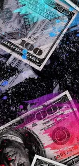 Colorful hundred-dollar bills splash wallpaper for mobile.