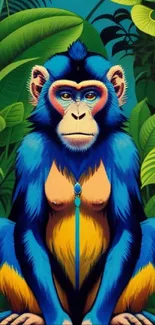 Vibrant blue and orange monkey sitting in a lush, green jungle setting.