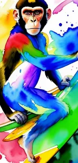 Colorful monkey surfing artwork with vibrant watercolor splashes.