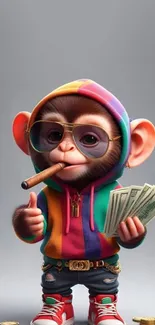 Cartoon monkey in rainbow hoodie holding money and smoking a cigar.