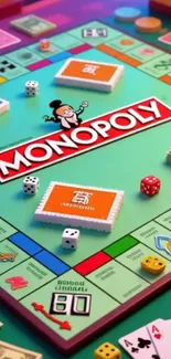 Vibrant Monopoly game board with cards, dice, and tokens.