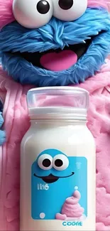 Colorful monster holding a milk jar with a playful expression.