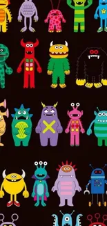 Colorful cartoon monsters on black background.