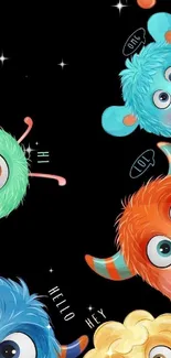 Playful colorful monsters on black wallpaper.