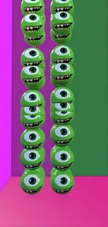 Bright green monster eyes on a colorful wallpaper background.