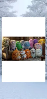 Colorful family of monsters in a snowy background.