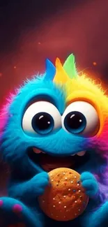 Cute colorful monster holding a cookie on a vibrant wallpaper.