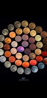 Colorful moon phases arranged in a circle on a black background.