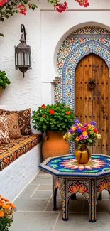 Vibrant Moroccan garden with colorful decor.