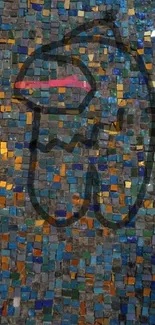 Vibrant mosaic artwork with blue, orange, and pink tiles in abstract design.