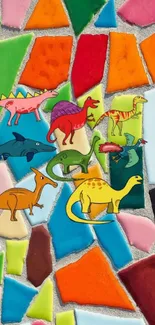 Colorful mosaic wallpaper with dinosaurs.