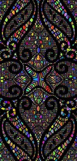 Colorful mosaic wallpaper with intricate patterns on black background.